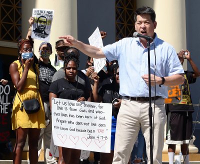 Kings County's congressman, TJ Cox, was on hand as he addressed the protesters Saturday afternoon in Hanford.